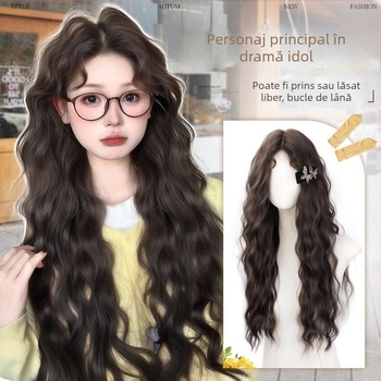 Perucă pentru femei cu bucle lungi, lucrată manual, fibră rezistentă la căldură, breton înclinat, model YK001