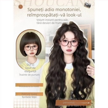 Perucă pentru femei cu bucle lungi, lucrată manual, fibră rezistentă la căldură, breton înclinat, model YK001