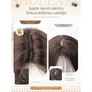 Perucă pentru femei cu bucle lungi, lucrată manual, fibră rezistentă la căldură, breton înclinat, model YK001