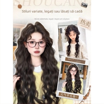 Perucă pentru femei cu bucle lungi, lucrată manual, fibră rezistentă la căldură, breton înclinat, model YK001