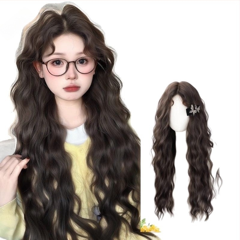 Perucă pentru femei cu bucle lungi, lucrată manual, fibră rezistentă la căldură, breton înclinat, model YK001