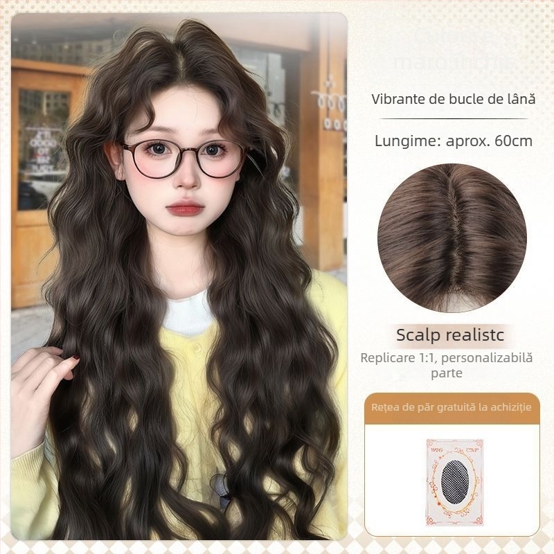 Perucă pentru femei cu bucle lungi, lucrată manual, fibră rezistentă la căldură, breton înclinat, model YK001