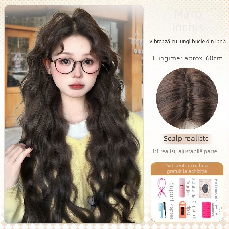 Perucă pentru femei cu bucle lungi, lucrată manual, fibră rezistentă la căldură, breton înclinat, model YK001