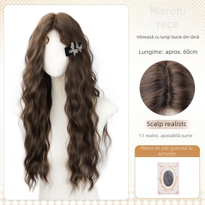 Perucă pentru femei cu bucle lungi, lucrată manual, fibră rezistentă la căldură, breton înclinat, model YK001