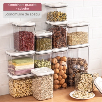 Borcan sigilat pentru cereale, plastic transparent, rezistent la umiditate, pătrat, 800–1000 ml