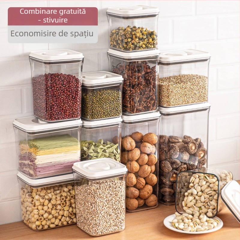 Borcan sigilat pentru cereale, plastic transparent, rezistent la umiditate, pătrat, 800–1000 ml