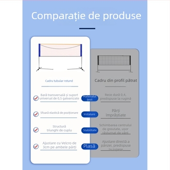 Plasă de badminton – Portabilă, movibilă, montaj ușor; Material: nylon, oțel; Potrivită pentru badminton și tenis de masă