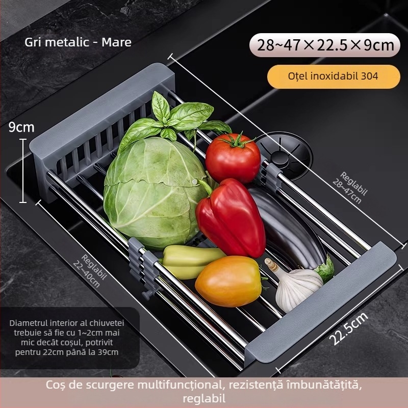 Raft extensibil pentru scurgerea chiuvetei | 304 oțel inoxidabil | uz universal | coș de drenaj multifuncțional | stil modern minimalist