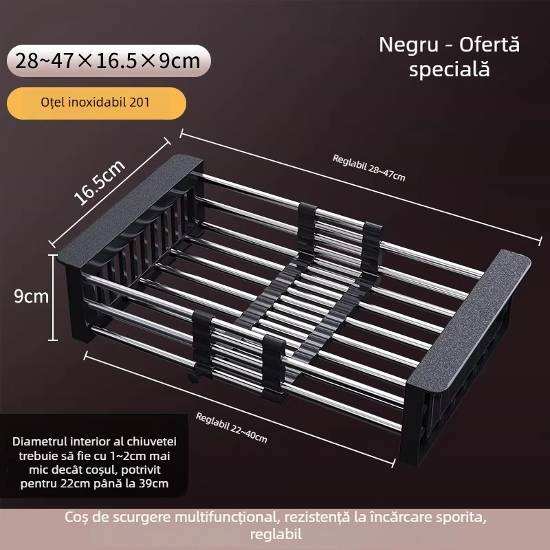 Raft extensibil pentru scurgerea chiuvetei | 304 oțel inoxidabil | uz universal | coș de drenaj multifuncțional | stil modern minimalist