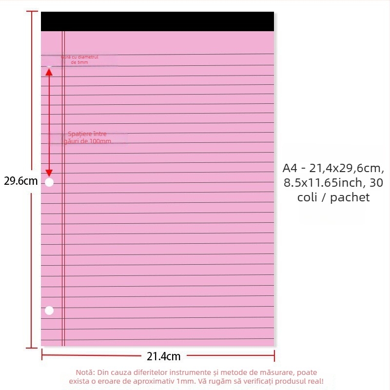 Caiet cu foi detașabile pentru birou, cu prindere americană cu trei găuri, pagini liniate, hârtie 70 g/m2 pentru copertă și paginile interioare