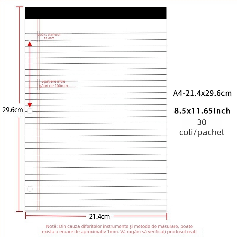 Caiet cu foi detașabile pentru birou, cu prindere americană cu trei găuri, pagini liniate, hârtie 70 g/m2 pentru copertă și paginile interioare