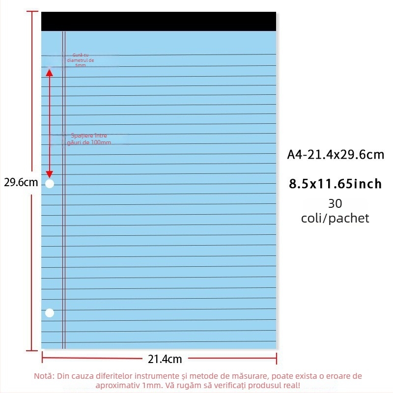Caiet cu foi detașabile pentru birou, cu prindere americană cu trei găuri, pagini liniate, hârtie 70 g/m2 pentru copertă și paginile interioare