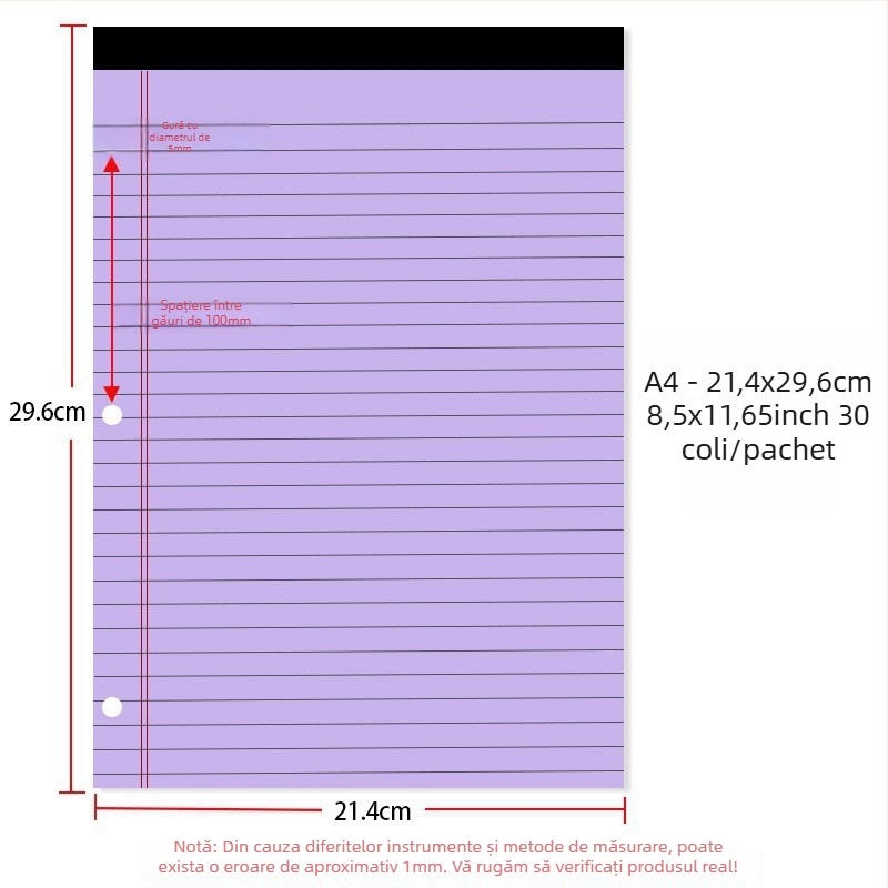 Caiet cu foi detașabile pentru birou, cu prindere americană cu trei găuri, pagini liniate, hârtie 70 g/m2 pentru copertă și paginile interioare