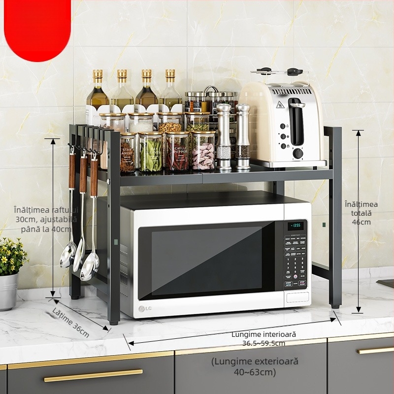 Raft extensibil pentru cuptorul cu microunde – organizator metalic pentru blat, model T18 – design modern minimalist, potrivit pentru cuptor, fierbător de orez și friteuză cu aer