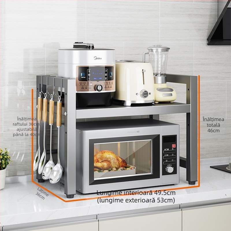 Raft extensibil pentru cuptorul cu microunde – organizator metalic pentru blat, model T18 – design modern minimalist, potrivit pentru cuptor, fierbător de orez și friteuză cu aer
