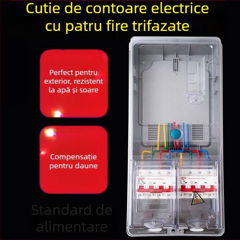 Cutie de contoare trifazice cu patru fire, exterior impermeabil, montaj pe suprafață, din plastic transparent, slot pentru card