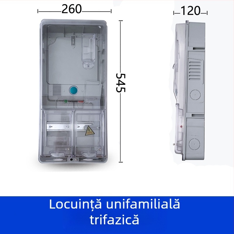 Cutie de contoare trifazice cu patru fire, exterior impermeabil, montaj pe suprafață, din plastic transparent, slot pentru card