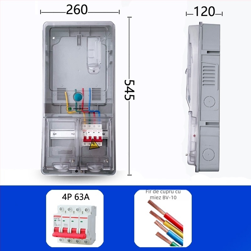 Cutie de contoare trifazice cu patru fire, exterior impermeabil, montaj pe suprafață, din plastic transparent, slot pentru card