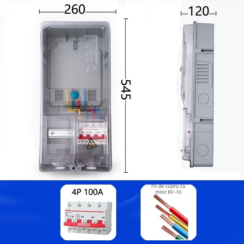 Cutie de contoare trifazice cu patru fire, exterior impermeabil, montaj pe suprafață, din plastic transparent, slot pentru card