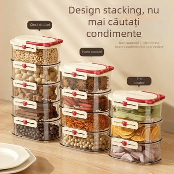 Dopamine cutie de depozitare pentru condimente, borcăne sigilate, rotund, 301-500 ml, PET+ABS, 3-4-5 niveluri, 40-50-60 bucăți, lux ușor