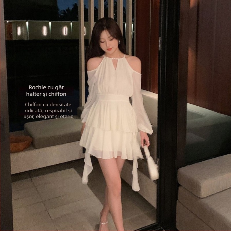 rochie cu guler halter, talie înaltă, mâneci 3/4, poliester, model 3D