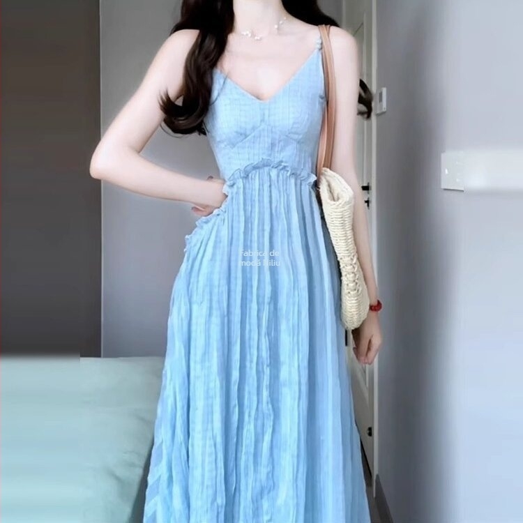 Rochie din bumbac, croială A-line, lungă, decolteu în V