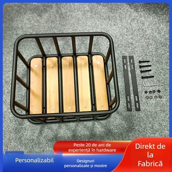 Coș frontal pentru bicicletă, cu cadru din fier și placă de bambus, dimensiuni 35×30×17 cm, personalizabil