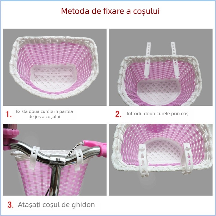 Coș pentru bicicletă copii, din plastic, țesut manual, compatibil cu trotinete și biciclete