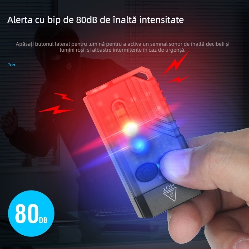 Lanternă 3-în-1 pentru autoapărare cu laser educațional, alarmă puternică și lampă breloc; LED 10W, baterie 1000 mAh, alimentare manuală, rază 50-100 m, protecție la supraîncărcare