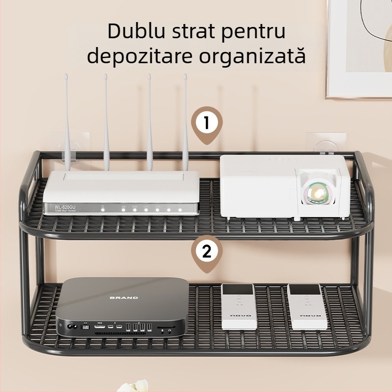 Suport de perete multifuncțional pentru TV box, proiector și router – fier, 2 niveluri, stil modern minimalist
