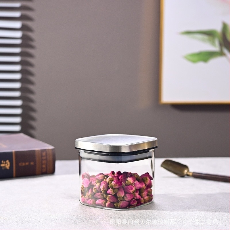 Borcan din sticlă sigilat pentru cereale, gustări și ceai, pătrat, 1–2 L, compatibil cu microunde