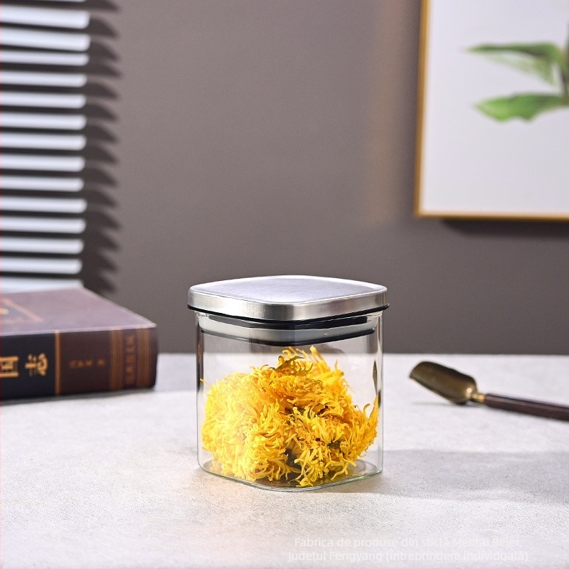 Borcan din sticlă sigilat pentru cereale, gustări și ceai, pătrat, 1–2 L, compatibil cu microunde