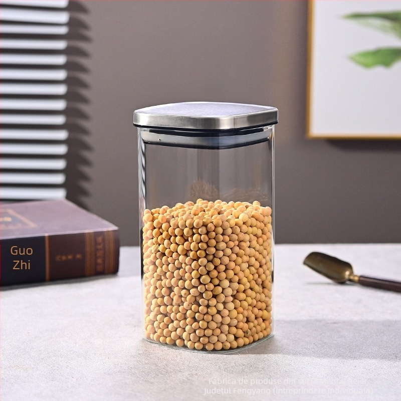 Borcan din sticlă sigilat pentru cereale, gustări și ceai, pătrat, 1–2 L, compatibil cu microunde