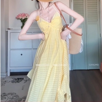 Rochie A-line, imprimeu grilă, decolteu halter-back, fără mâneci, lungime midi, talie înaltă