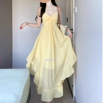 Rochie A-line, imprimeu grilă, decolteu halter-back, fără mâneci, lungime midi, talie înaltă