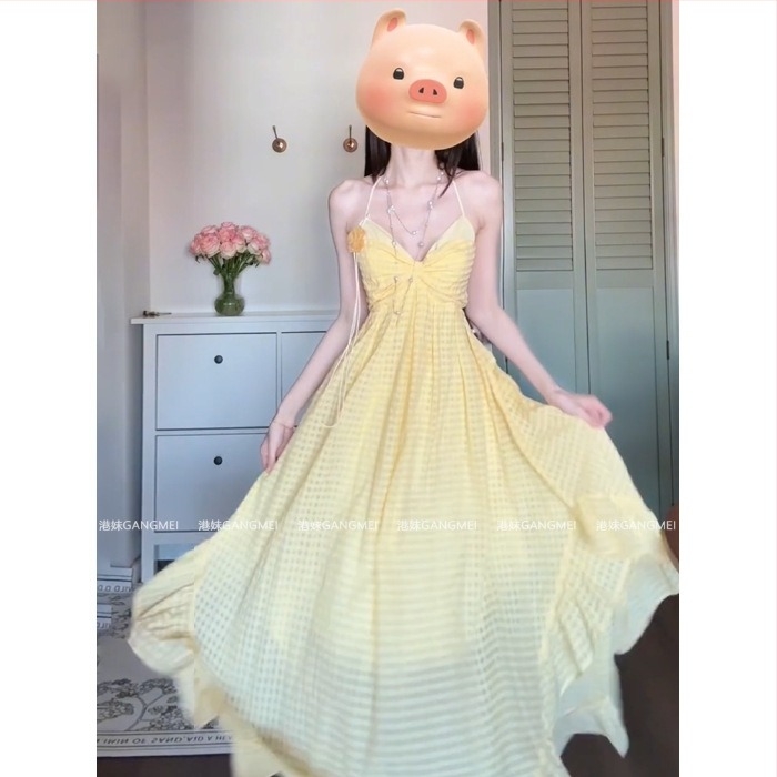 Rochie A-line, imprimeu grilă, decolteu halter-back, fără mâneci, lungime midi, talie înaltă