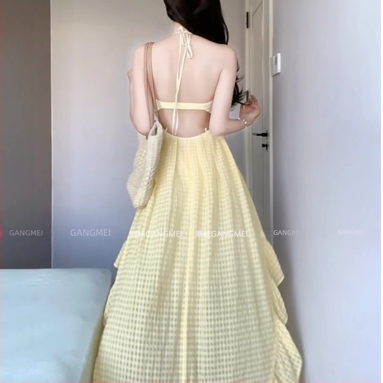 Rochie A-line, imprimeu grilă, decolteu halter-back, fără mâneci, lungime midi, talie înaltă