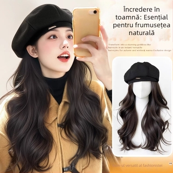 Beret-Style Wig Hat pentru femei, păr buclat lung, mătase rezistentă la temperaturi înalte, păr lung, aspect natural