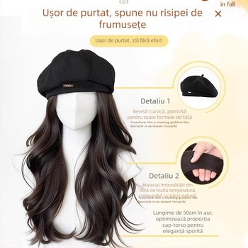 Beret-Style Wig Hat pentru femei, păr buclat lung, mătase rezistentă la temperaturi înalte, păr lung, aspect natural