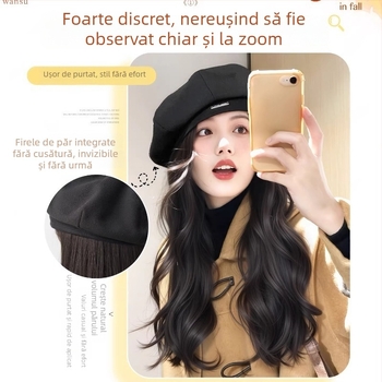 Beret-Style Wig Hat pentru femei, păr buclat lung, mătase rezistentă la temperaturi înalte, păr lung, aspect natural