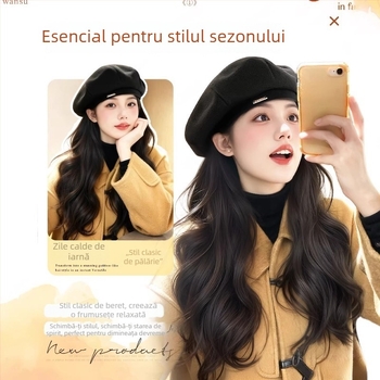 Beret-Style Wig Hat pentru femei, păr buclat lung, mătase rezistentă la temperaturi înalte, păr lung, aspect natural
