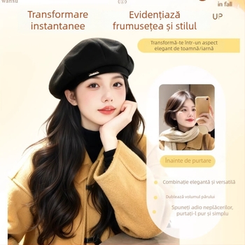 Beret-Style Wig Hat pentru femei, păr buclat lung, mătase rezistentă la temperaturi înalte, păr lung, aspect natural