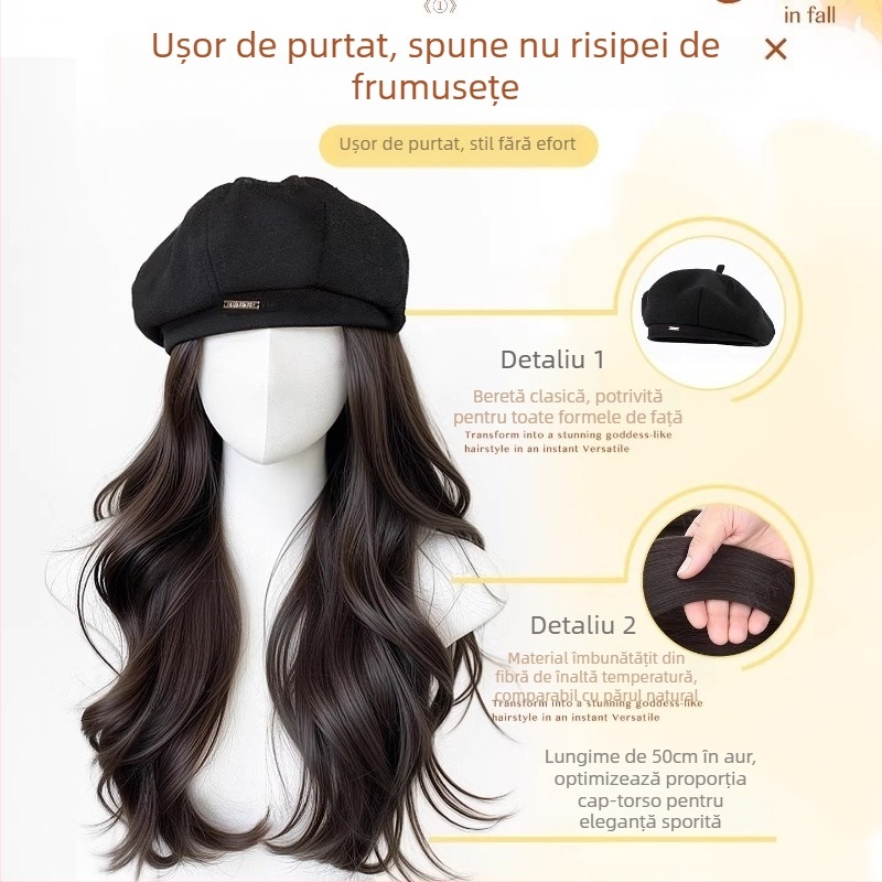 Beret-Style Wig Hat pentru femei, păr buclat lung, mătase rezistentă la temperaturi înalte, păr lung, aspect natural