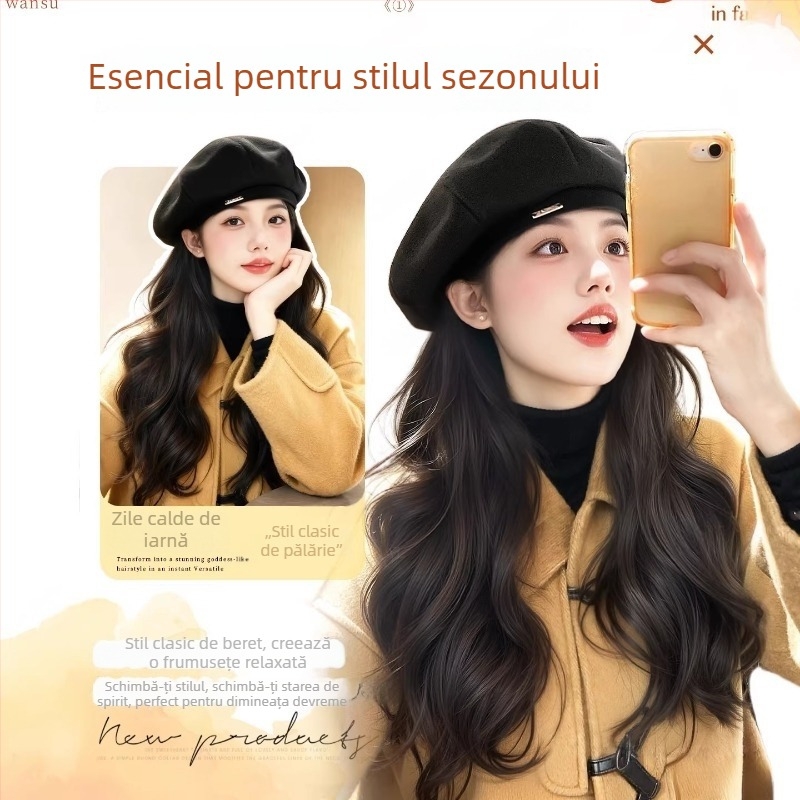 Beret-Style Wig Hat pentru femei, păr buclat lung, mătase rezistentă la temperaturi înalte, păr lung, aspect natural