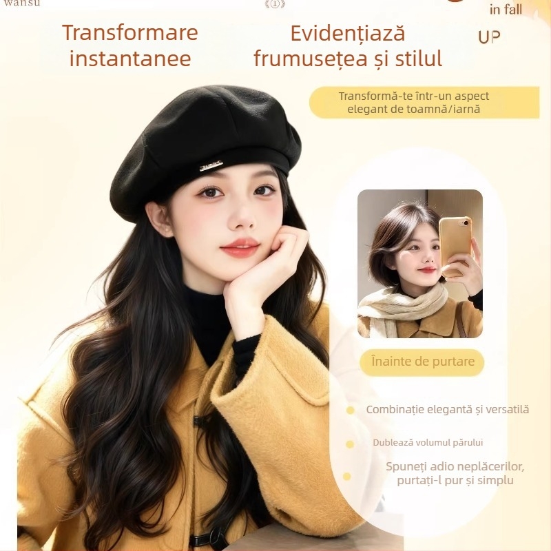 Beret-Style Wig Hat pentru femei, păr buclat lung, mătase rezistentă la temperaturi înalte, păr lung, aspect natural