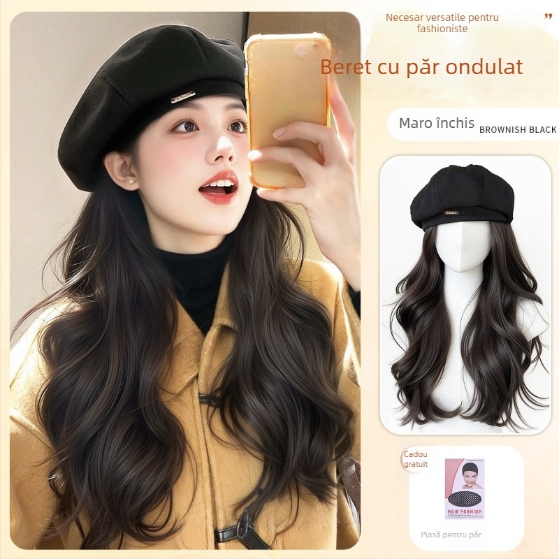 Beret-Style Wig Hat pentru femei, păr buclat lung, mătase rezistentă la temperaturi înalte, păr lung, aspect natural