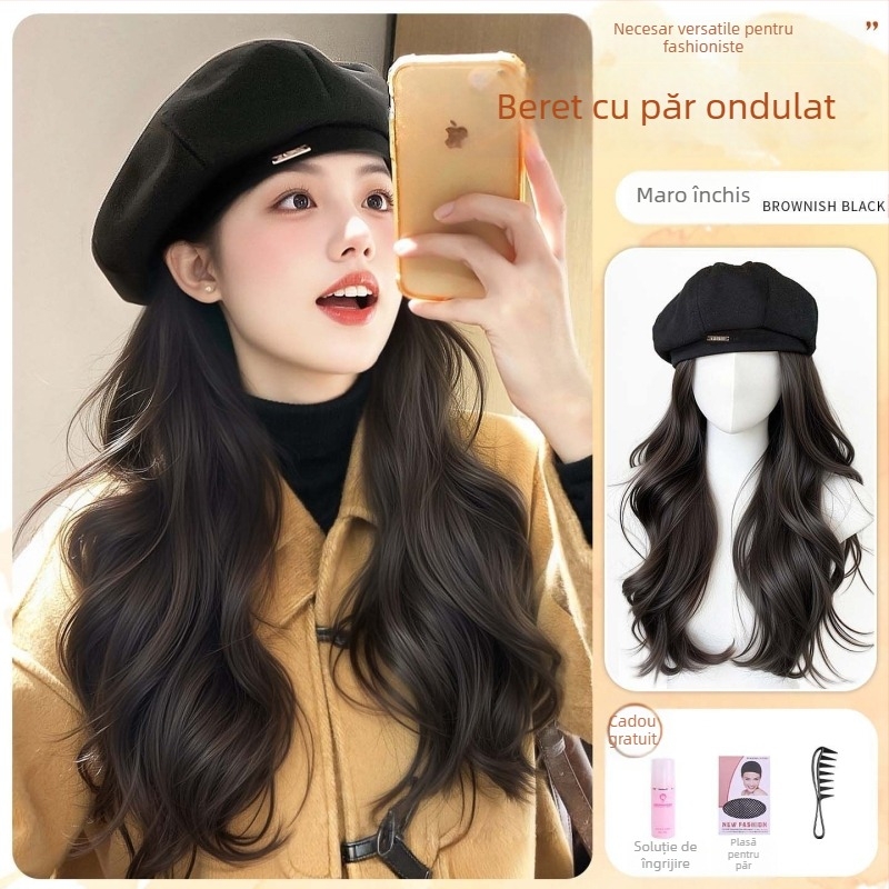 Beret-Style Wig Hat pentru femei, păr buclat lung, mătase rezistentă la temperaturi înalte, păr lung, aspect natural