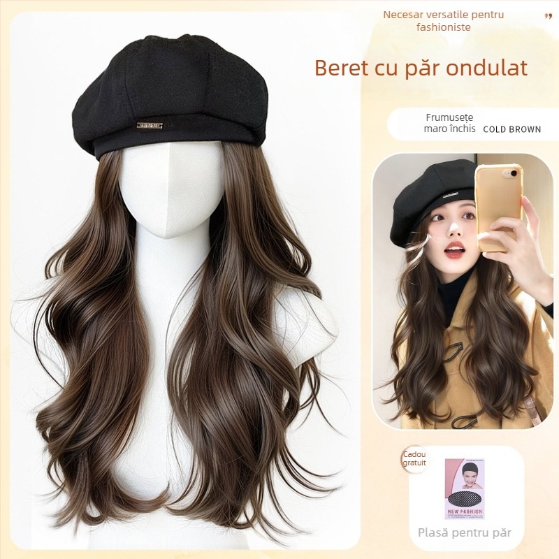 Beret-Style Wig Hat pentru femei, păr buclat lung, mătase rezistentă la temperaturi înalte, păr lung, aspect natural