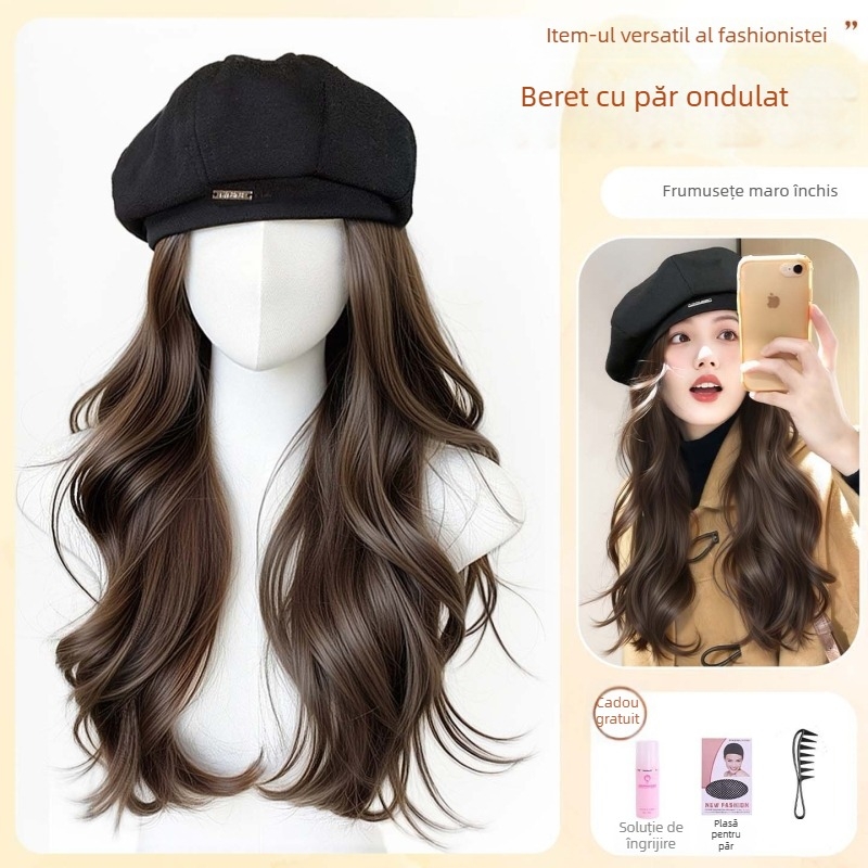 Beret-Style Wig Hat pentru femei, păr buclat lung, mătase rezistentă la temperaturi înalte, păr lung, aspect natural