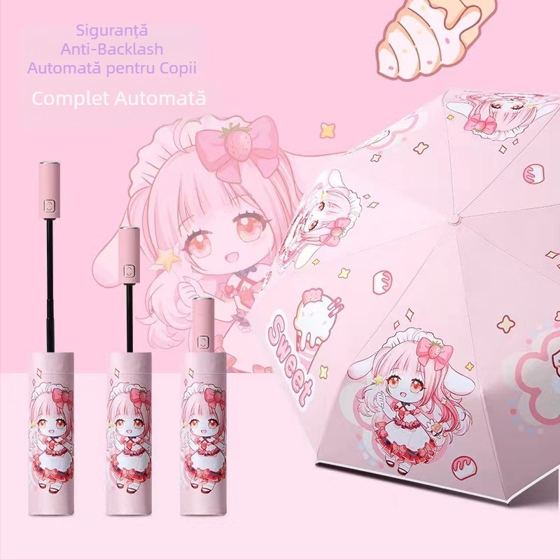 Umbrelă pentru copii, tri-fold, design desen animat, deschidere automată, 8 spițe din oțel, țesătură 190T